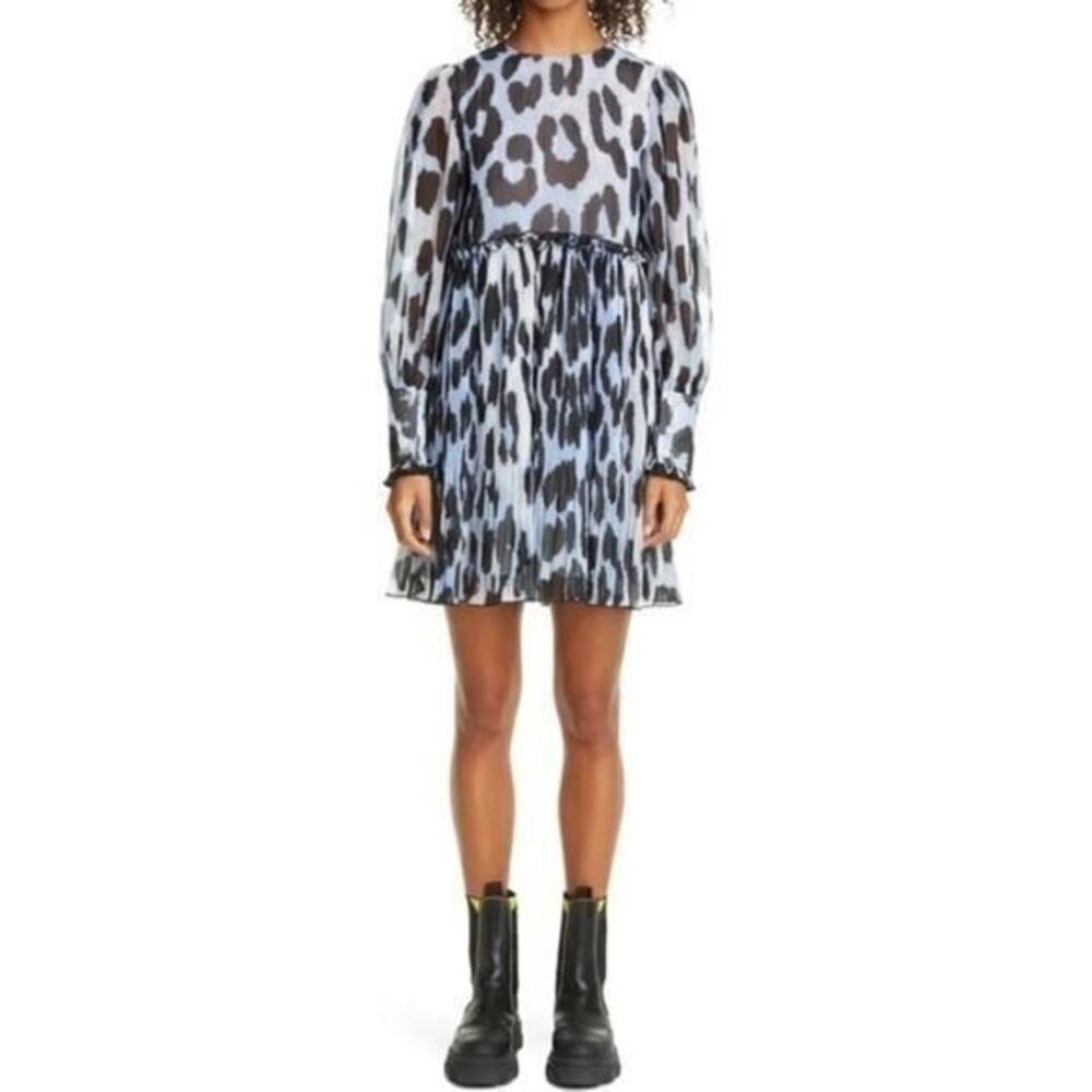 Ganni Long Sleeve Pleated Georgette Blue Leopard Print Dress NWT